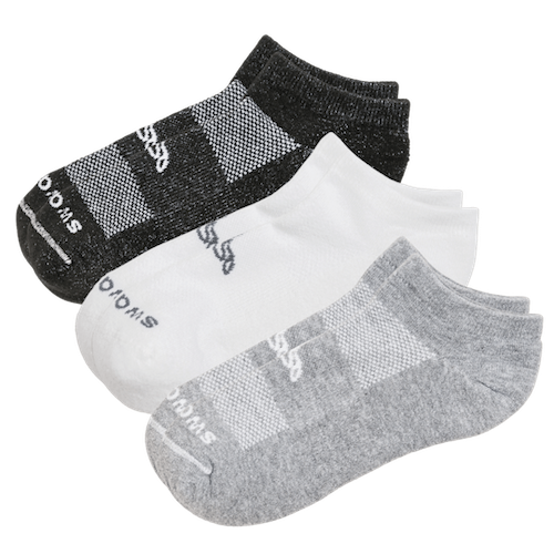 Swaggr Recycled Performance Ankle Socks in black, white, and grey